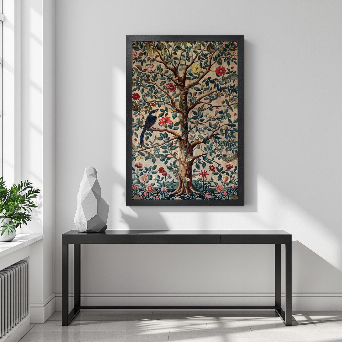 Framed Poster featuring a detailed tree illustration with birds and flowers. Earthy tones of green, red, and brown create a vintage, botanical style.