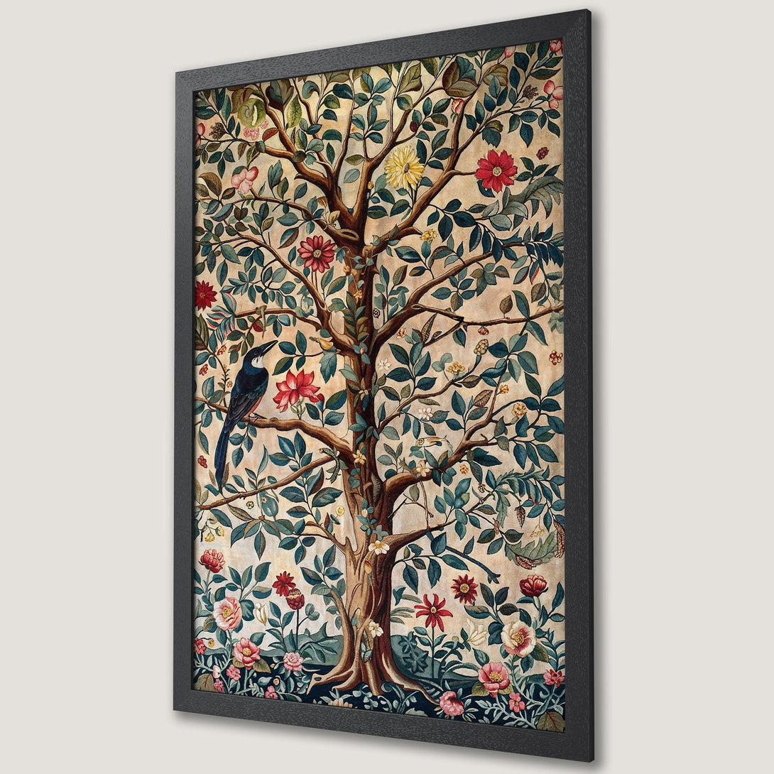 Framed Poster featuring a detailed tree with flowers and a bird, in a vintage style with a warm, earthy color palette.