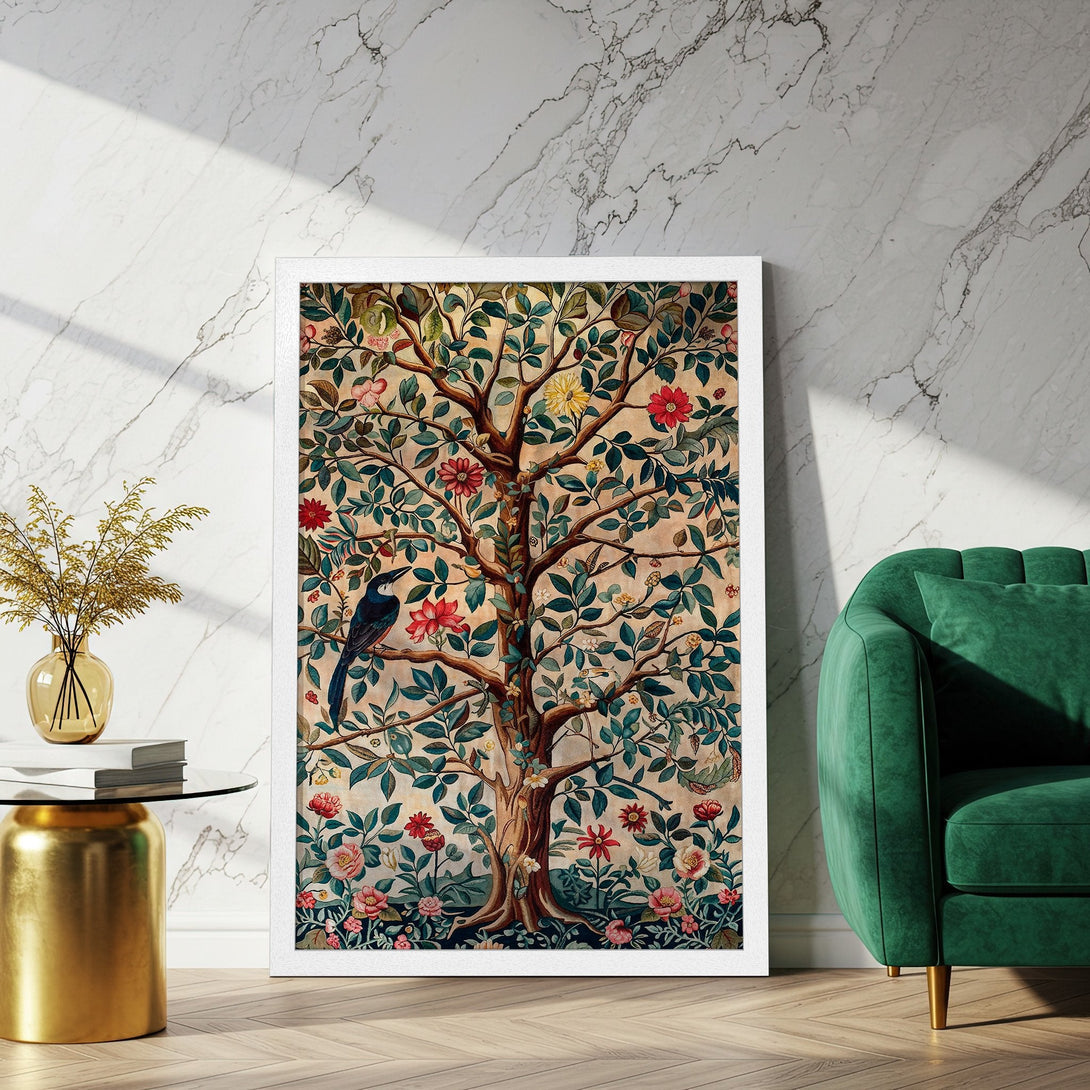 Framed Poster featuring a tree with birds, floral details, and a vintage style. Earthy tones with pops of red and green. Perfect wall art!