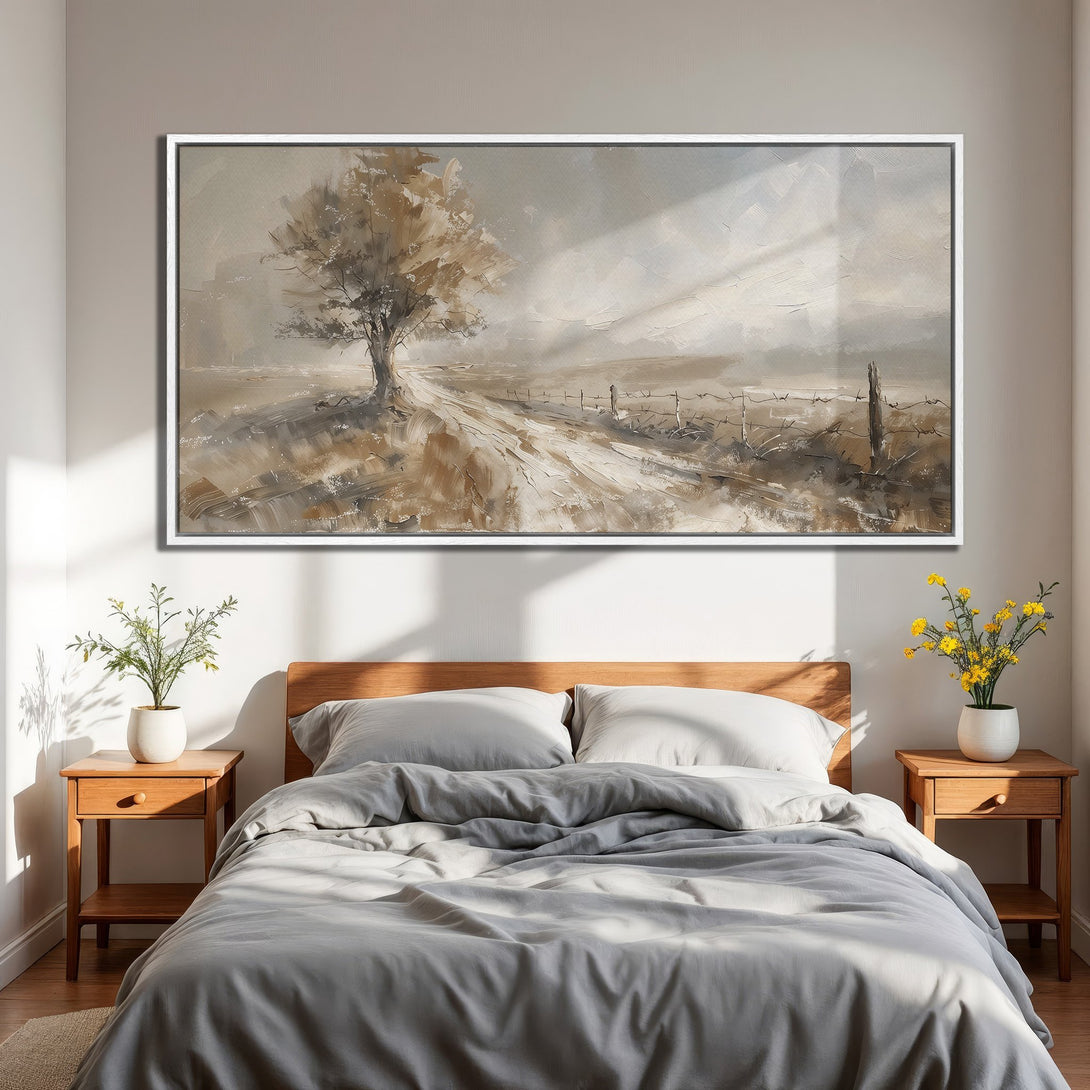 Framed Wall Art: Landscape painting with a tree in neutral tones. Enhance your bedroom decor with this calming artwork. Perfect for a serene space.