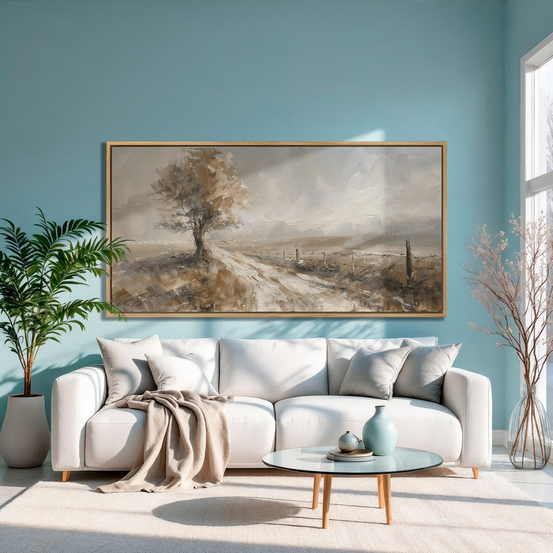Framed Wall Art: Landscape painting in neutral tones. Rustic tree and road scene. Perfect for adding a touch of elegance to your living room.
