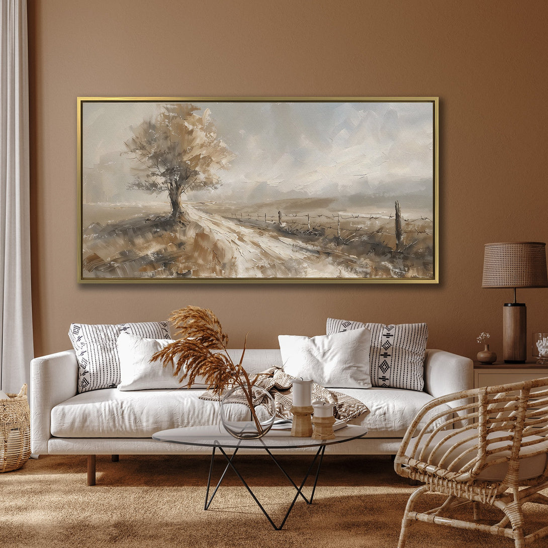 Canvas Print of a serene landscape painting featuring a tree and dirt road, in a neutral brown and gray palette. Perfect wall art for any room.