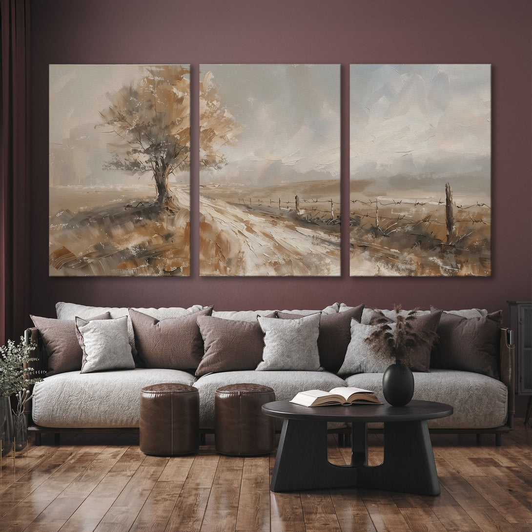 Canvas Print of a serene landscape painting in neutral tones. Rustic style artwork with a warm, earthy color palette, perfect for home decor.