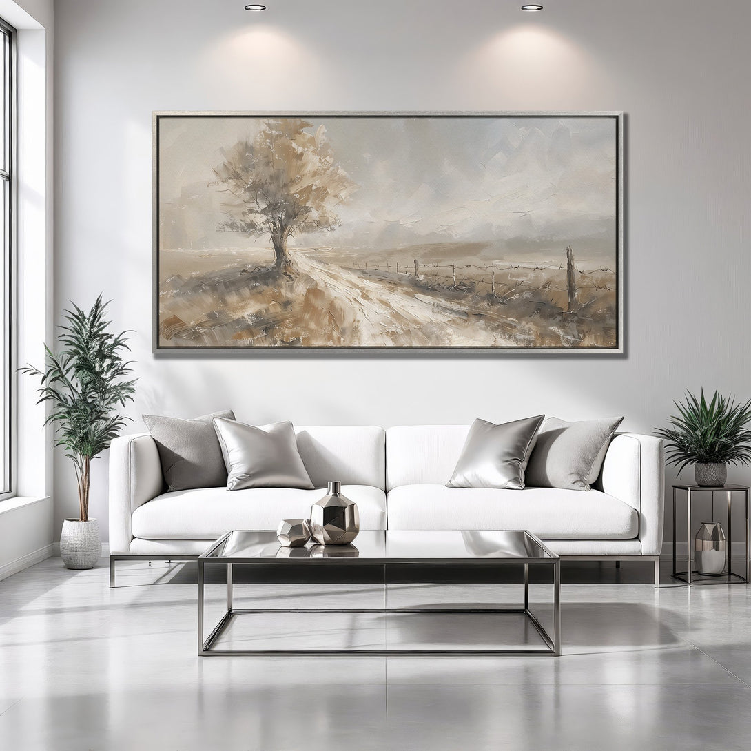 Framed Wall Art: Landscape painting with neutral tones. Modern art Canvas Print. Warm beige and gray palette. Perfect for living room decor.