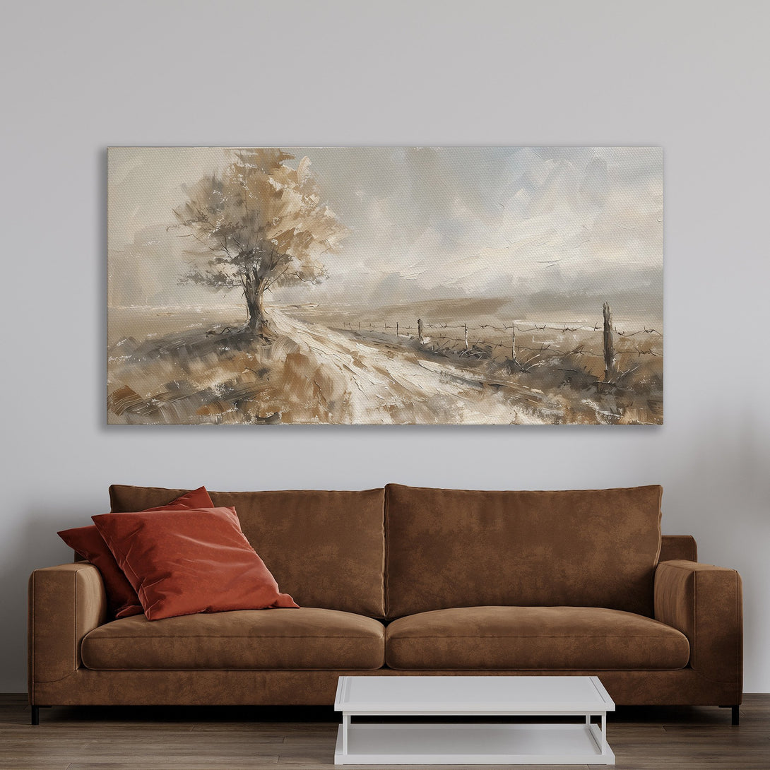 Framed Wall Art featuring a serene landscape painting in neutral browns and grays. Perfect for adding a touch of rustic elegance to any room.