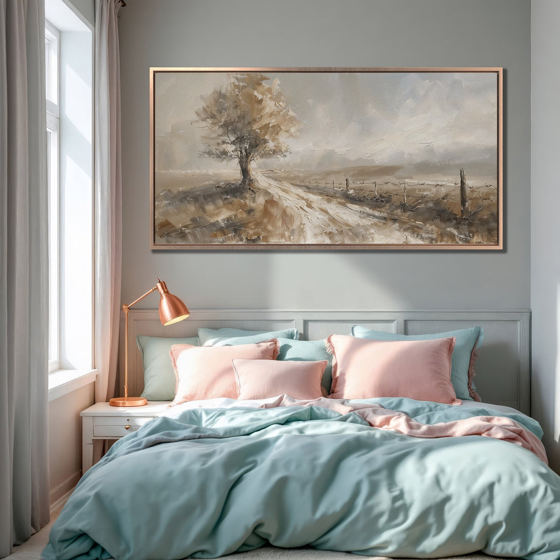 Framed Wall Art: Landscape painting in neutral tones. Textured style with a single tree and road. Perfect for bedroom decor with a calming aesthetic.