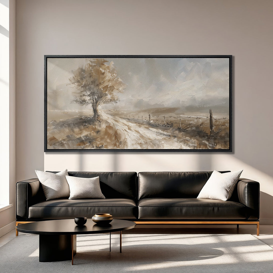 Framed Wall Art: Landscape painting of a tree and path in neutral tones. Adds a touch of elegance to any living room. Shop now!