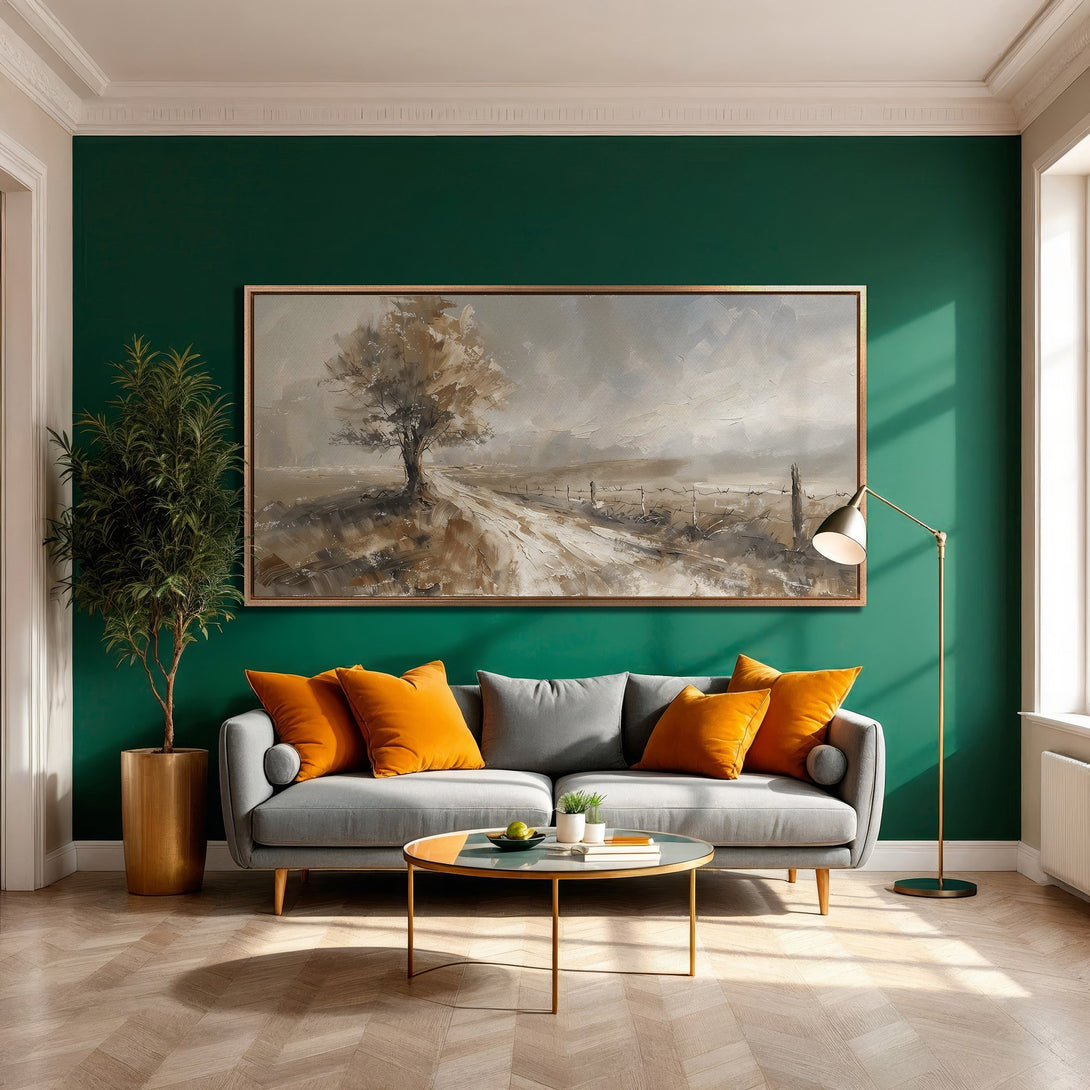 Framed Wall Art landscape print in neutral tones, displayed in a stylish interior with a green wall and orange accents. Perfect for modern home decor.