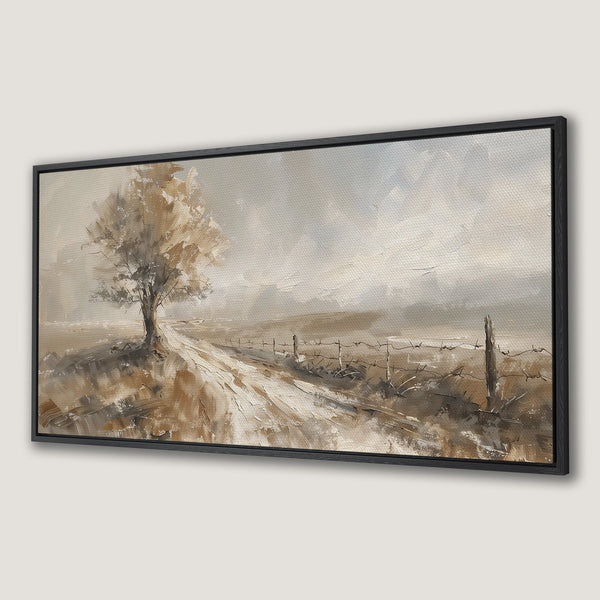 Framed Wall Art: Landscape painting of a tree and dirt road in a neutral, earthy color palette. Perfect for adding a touch of nature to your home.