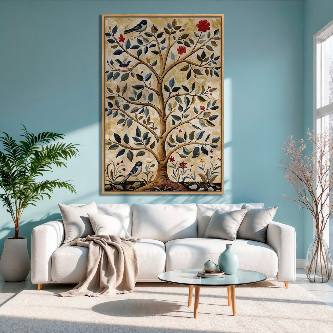 Framed Wall Art: Tree of Life Canvas Print in a living room. Featuring a botanical design with birds, red flowers, and a warm color palette.