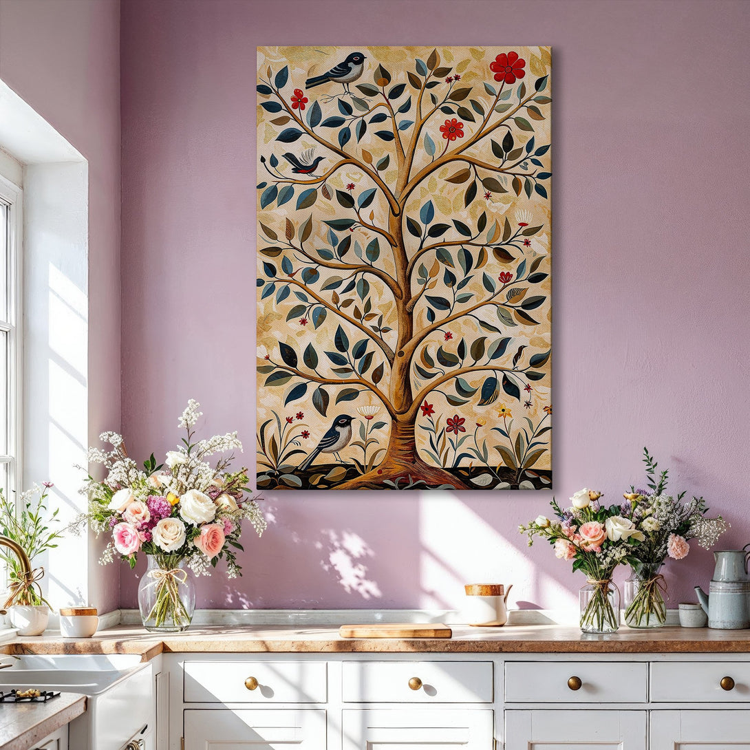 Framed Wall Art featuring a stylized tree with birds and flowers. Earthy tones of gold, brown, and blue create a warm, inviting aesthetic for your home.
