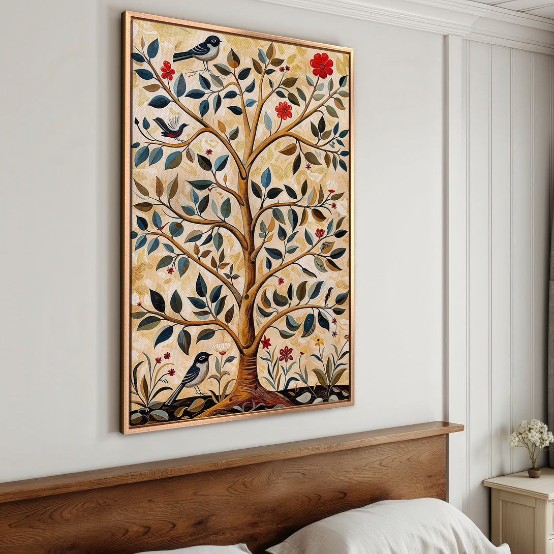 Framed Wall Art: Whimsical tree with birds in a warm, earthy palette. Perfect for adding a touch of nature and charm to your bedroom decor.