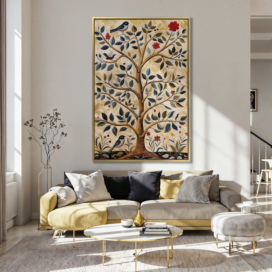 Canvas Print featuring a whimsical tree and bird design in a warm, earthy palette. Perfect wall art for a cozy kitchen or living space.