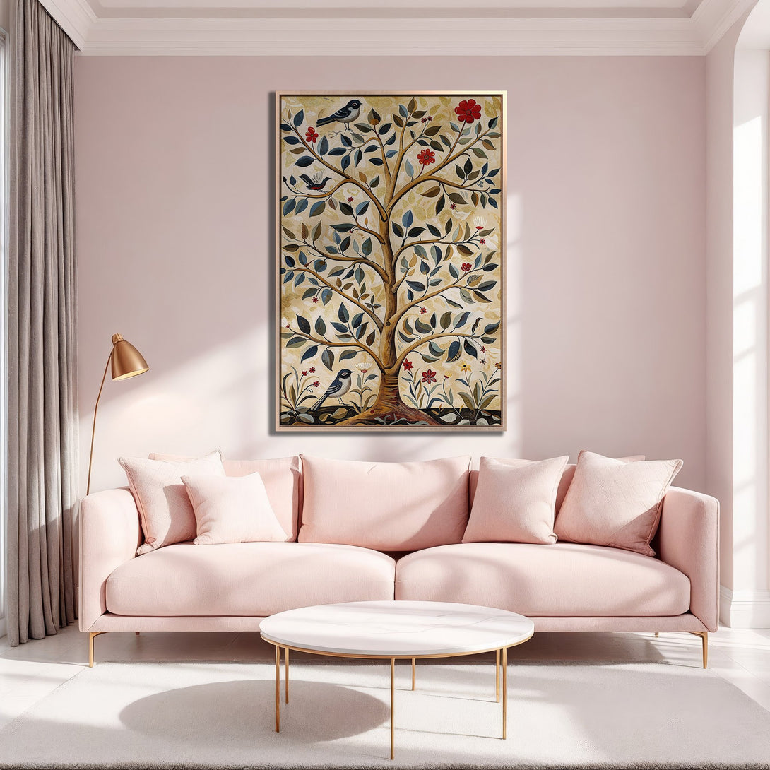 Framed Wall Art featuring a whimsical tree and birds in a soft, warm color palette. Perfect for adding a touch of nature and elegance to your space.