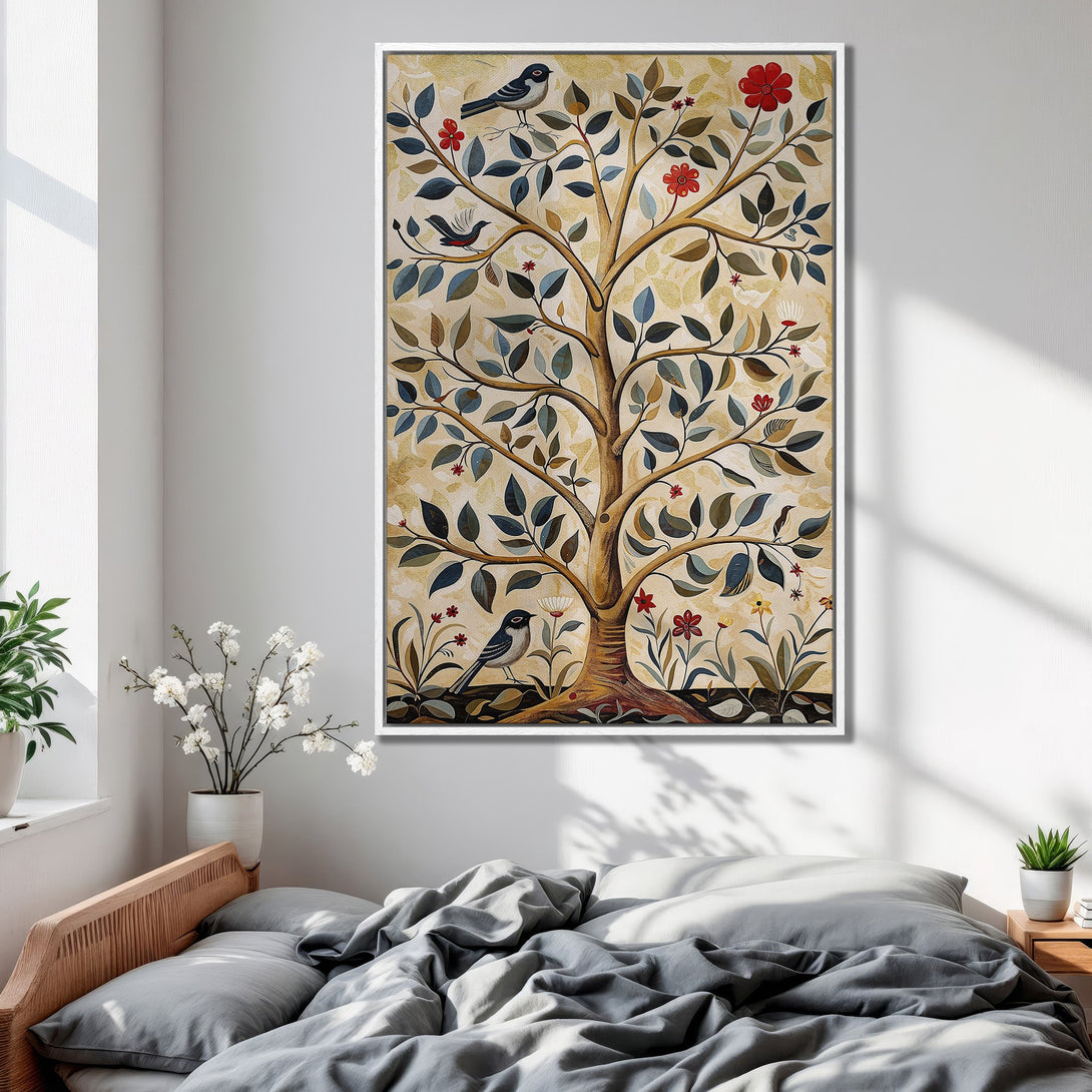 Framed Wall Art Canvas Print of a tree with birds, flowers, and leaves in a vintage style, featuring a warm, earthy color palette.