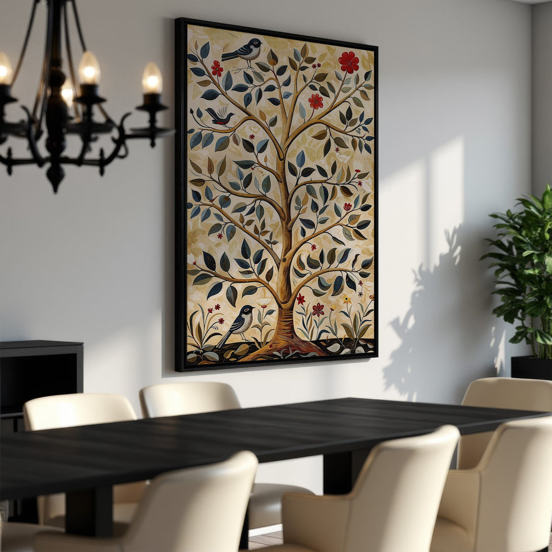 Framed Wall Art: Tree of Life Canvas Print with birds & flowers. Warm, earthy tones in a botanical style. Perfect dining room decor.