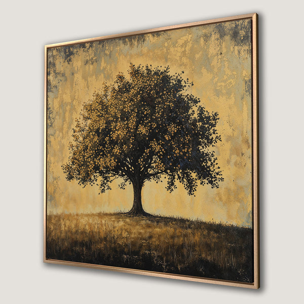 Framed Wall Art: Abstract tree painting in gold and black. Adds a touch of nature and elegance to any space. Shop now!