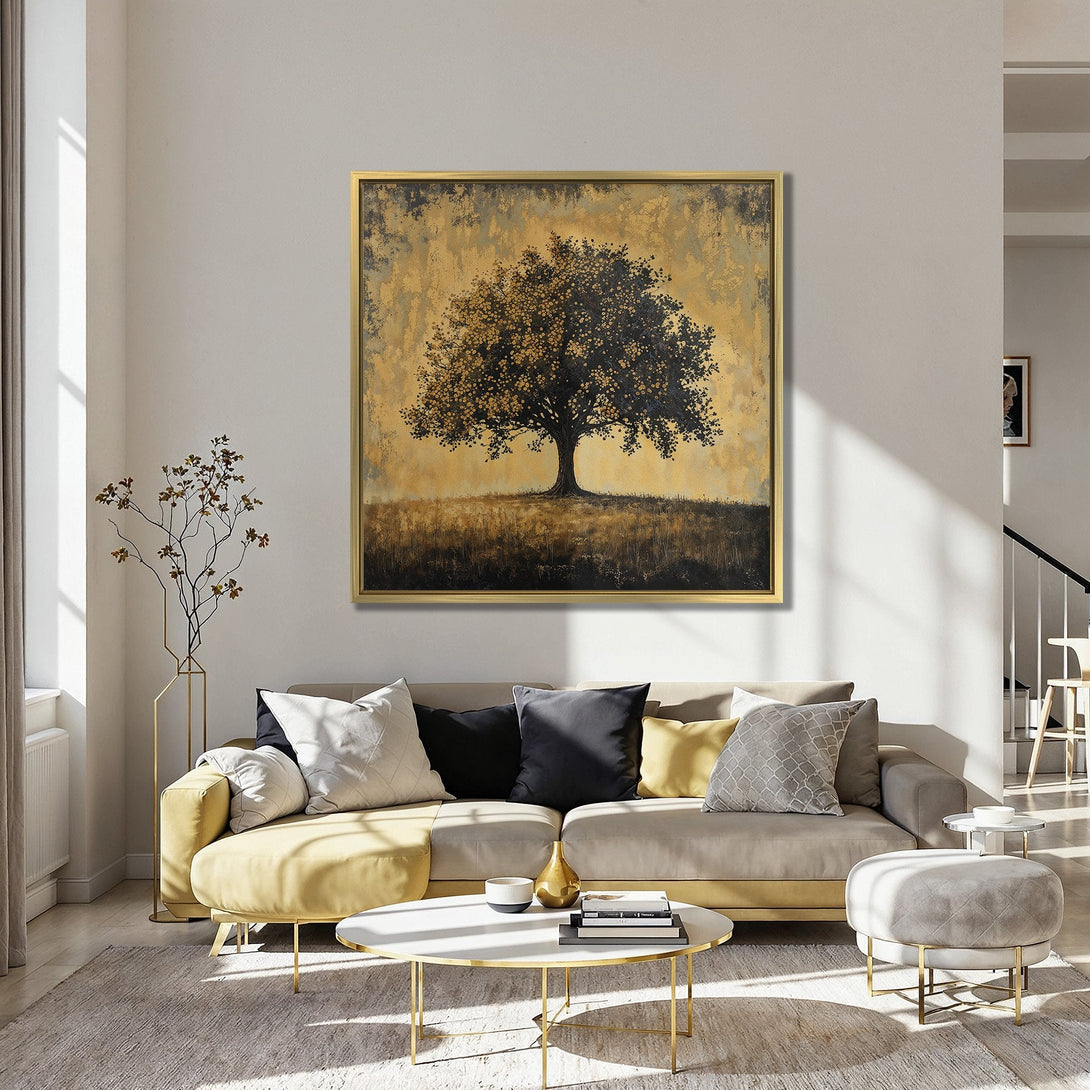 Canvas Print of a golden tree in a rustic style, perfect for adding warmth to any space. Features a warm, earthy color palette.
