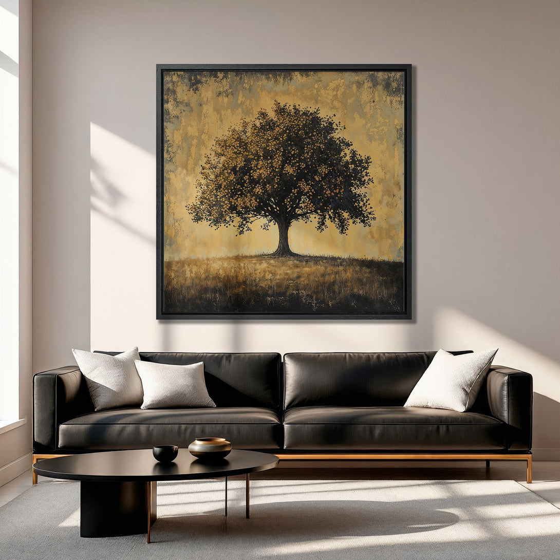 Framed Wall Art featuring a stylized tree in gold and black tones. A modern, abstract canvas print perfect for living room decor.