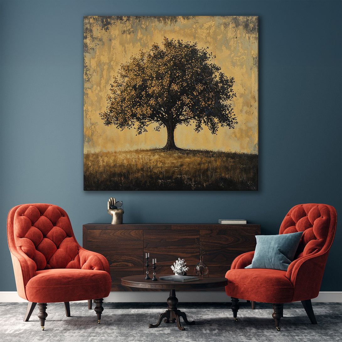 Framed Wall Art: Abstract tree art in gold and black tones, displayed in a modern living room. Enhance your space with this stylish canvas print!