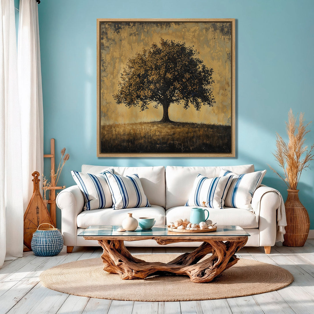 Framed Wall Art featuring a serene tree landscape in gold and black. Coastal style decor with a calming color palette, perfect for any living room.