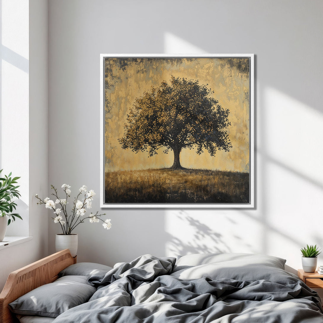 Framed Wall Art featuring a stylized tree with a gold and black palette. Modern art print adds a touch of elegance to any bedroom decor.