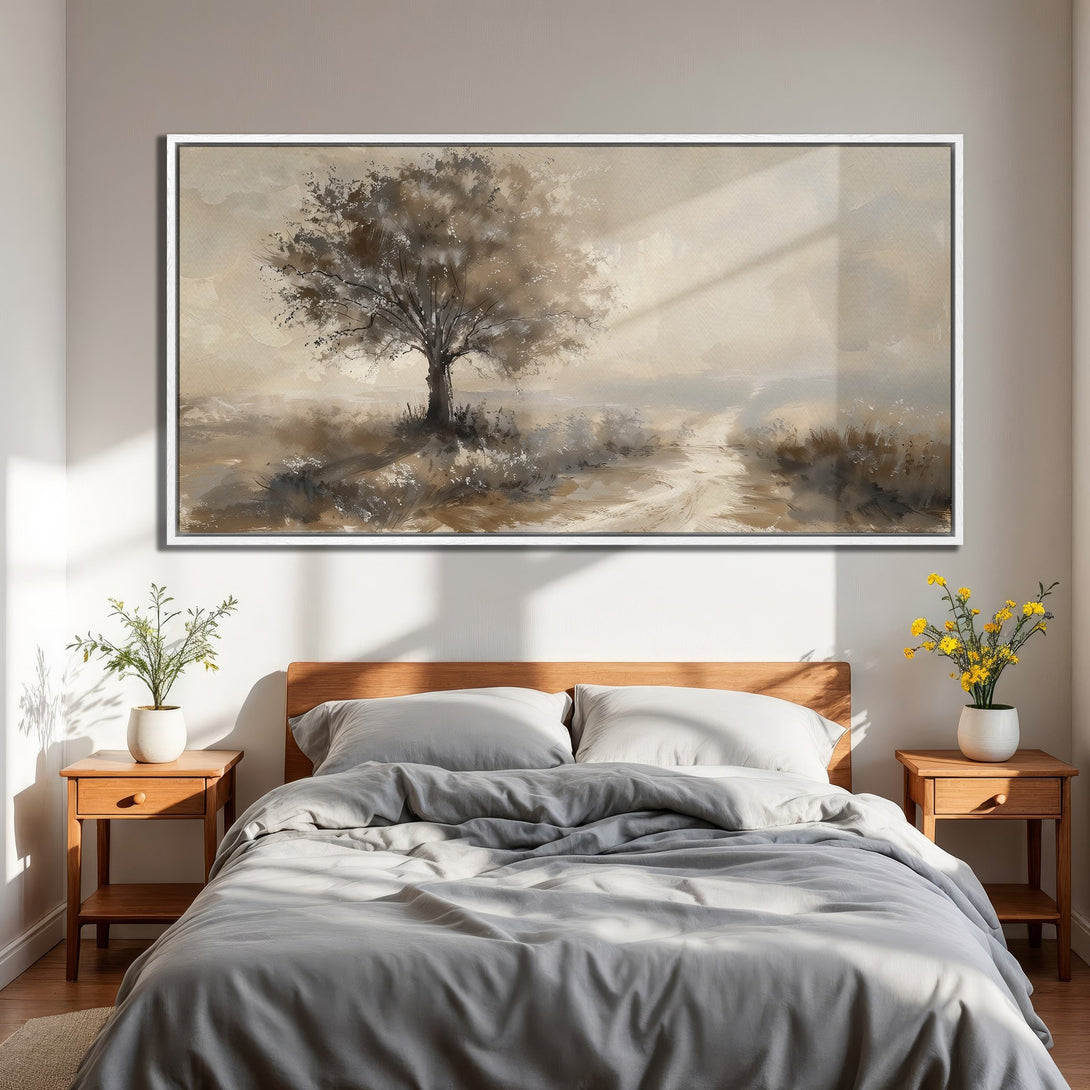 Framed Wall Art: Serene landscape Canvas Print with a lone tree in a neutral, earthy color palette. Perfect for adding a touch of calm to your bedroom decor.