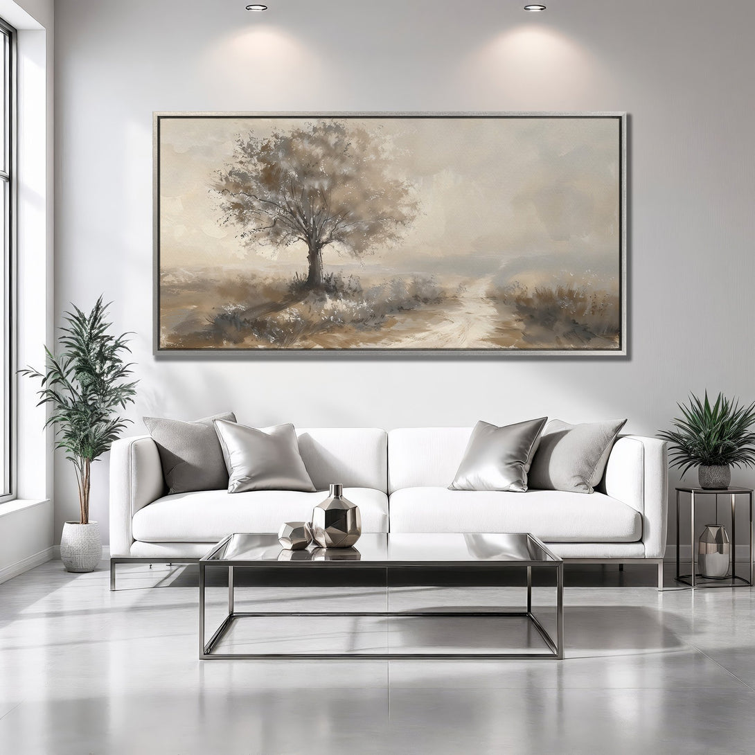 Framed Wall Art: Serene landscape Canvas Print with a neutral palette. Features a tree and path, perfect for adding a touch of calm to any space.