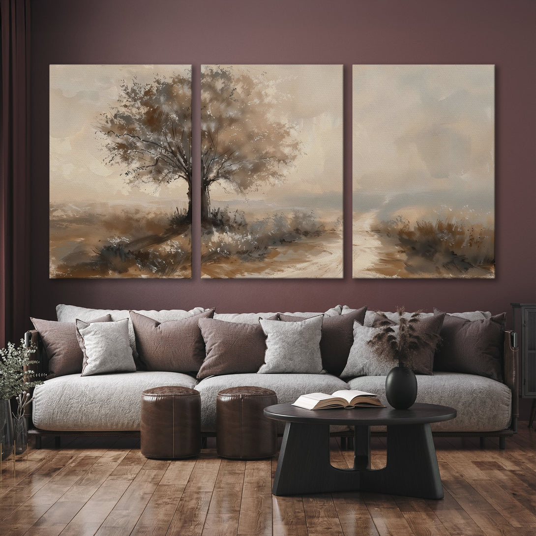 Canvas Print triptych of a tree landscape in neutral earth tones. Modern art for your living room.