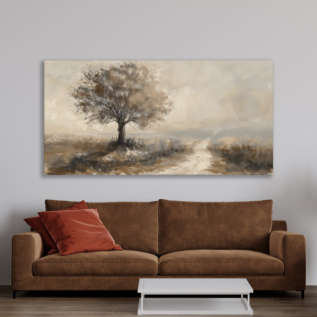 Framed Wall Art featuring a serene tree landscape in neutral tones. Perfect for adding a touch of calm to your living room. Shop now!