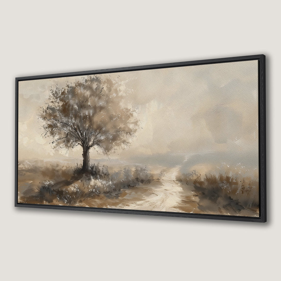 Framed Wall Art: Serene landscape canvas print featuring a tree in muted brown tones. Perfect for adding a touch of nature-inspired art to your home.