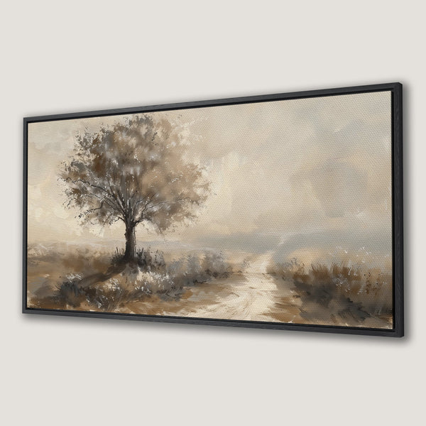 Framed Wall Art: Serene landscape canvas print featuring a tree in muted brown tones. Perfect for adding a touch of nature-inspired art to your home.