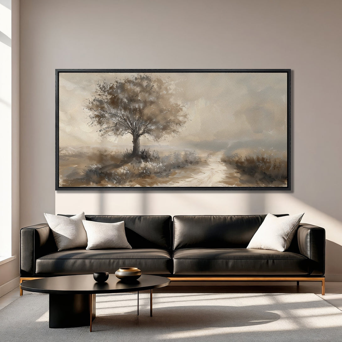 Framed Wall Art: Serene landscape Canvas Print in neutral tones. Modern art with a minimalist tree design, perfect for living room decor.