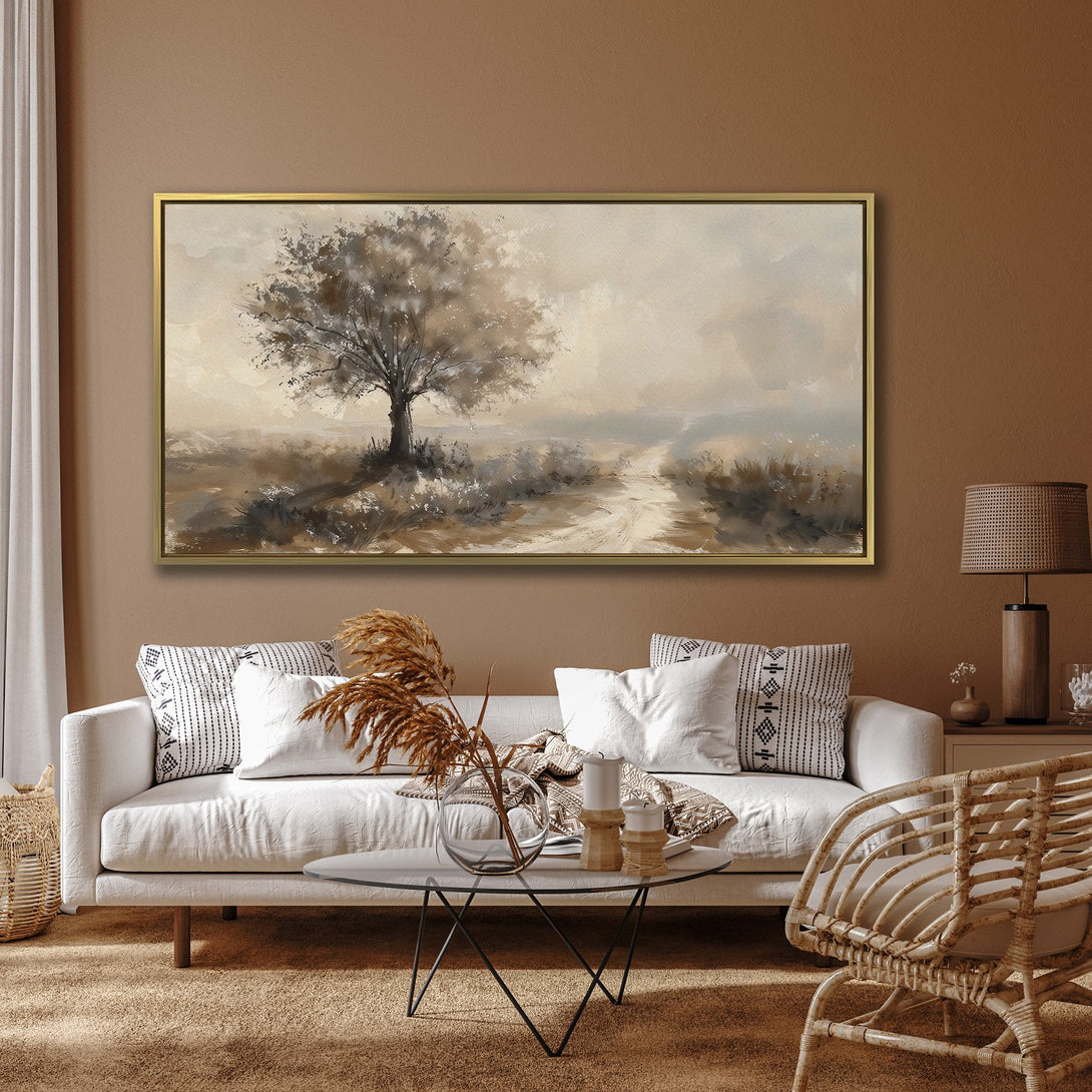 Canvas Print: Serene landscape art featuring a tree and path in a muted, earthy color palette. Perfect for adding a touch of tranquility to your space.