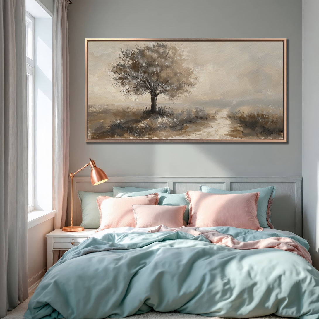 Framed Wall Art: Serene landscape Canvas Print in neutral tones. Earthy brown and beige palette, perfect for bedroom decor. Elevate your space with art!