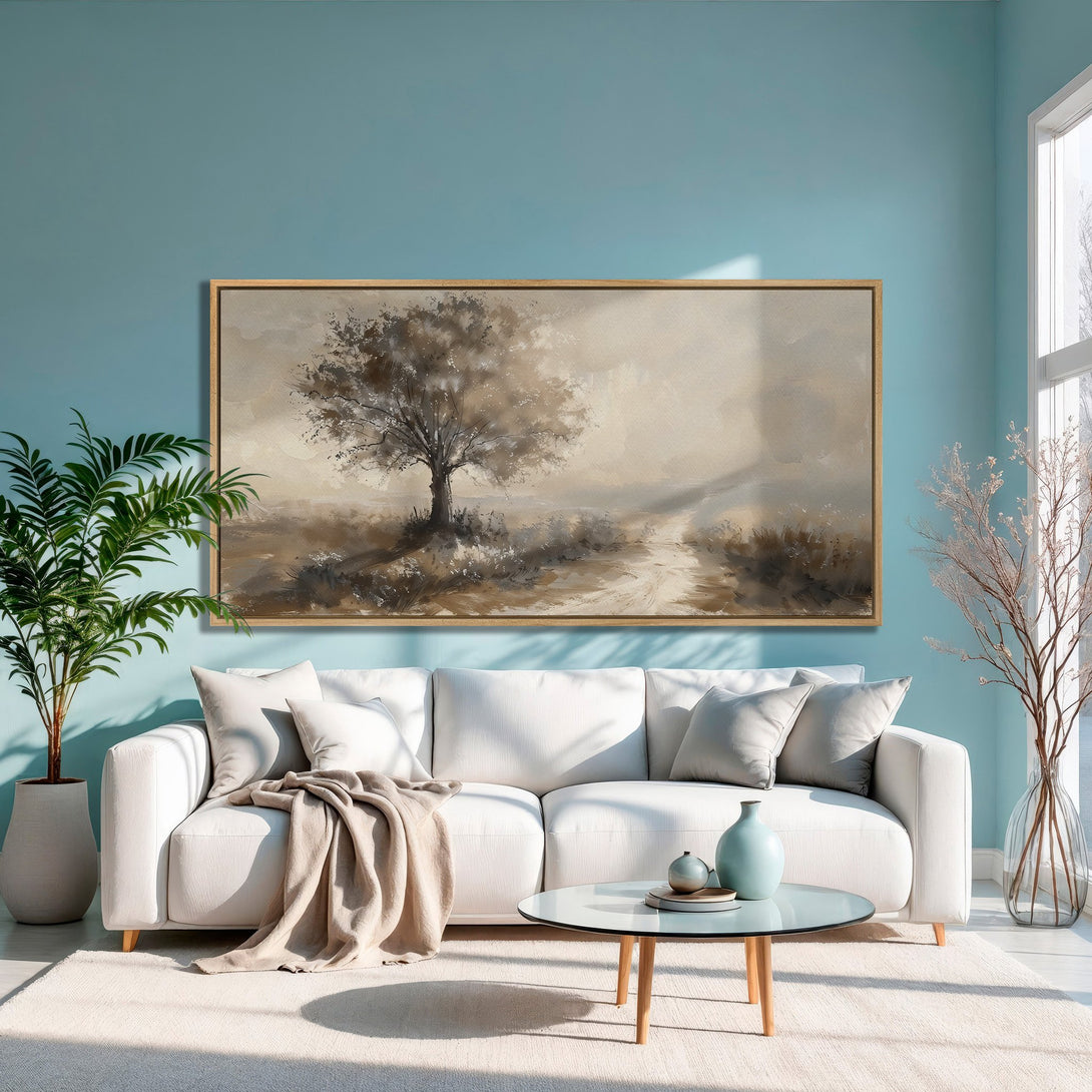 Framed Wall Art: Serene landscape Canvas Print with a neutral color palette, perfect for adding a touch of nature to your home decor.