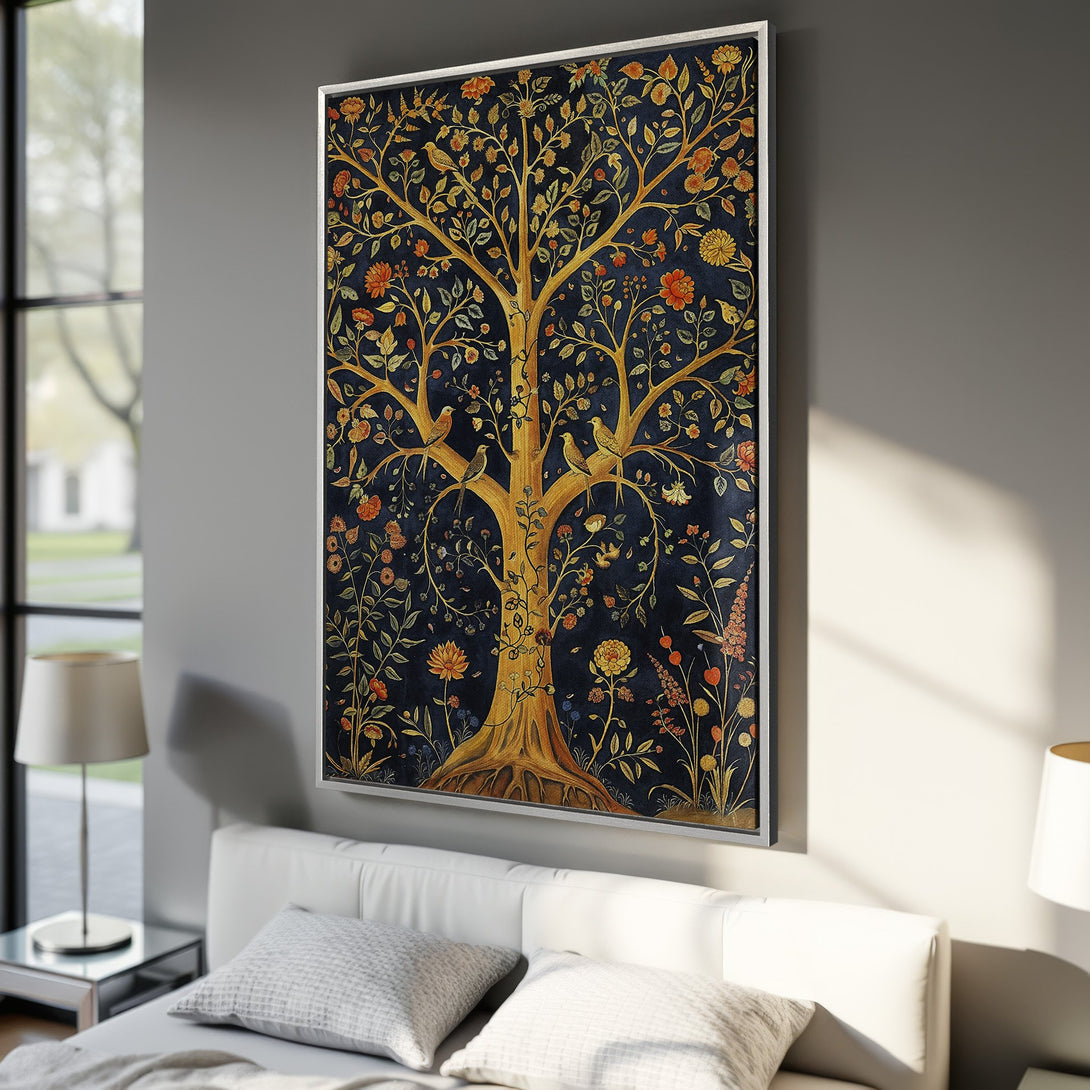 Framed Wall Art featuring a gold tree with birds & flowers on a dark blue background. Perfect for adding a touch of elegance to any room.