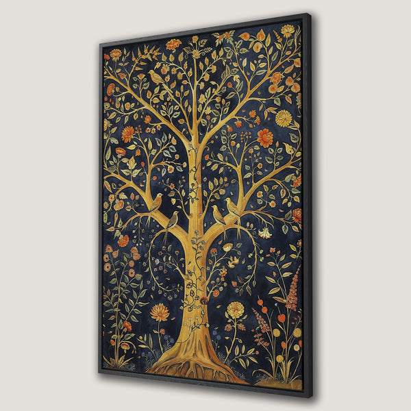 Framed Wall Art featuring a golden tree of life design with birds, set against a dark blue background. A beautiful and elegant addition to any home decor.