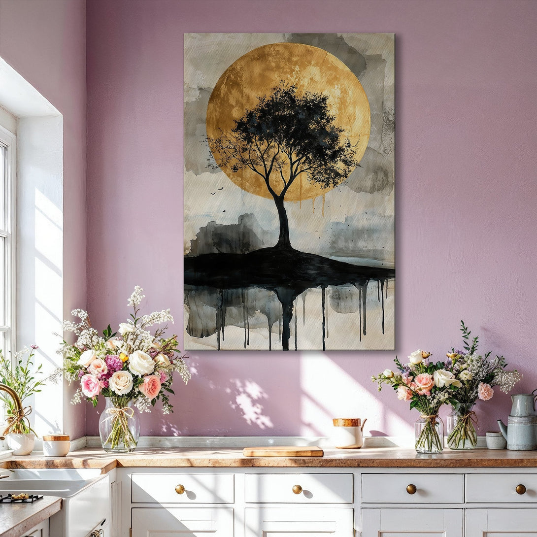 Framed Wall Art: Abstract tree silhouette with golden moon, modern art in neutral tones. Perfect for living room decor, add a touch of elegance.