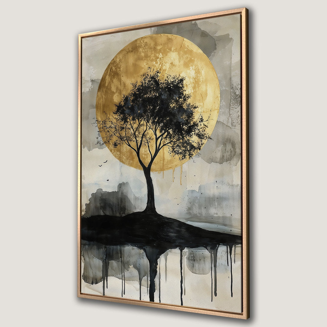 Framed Wall Art featuring a black tree silhouette against a gold moon. Modern abstract style with a neutral, earthy color palette. Perfect for any room!