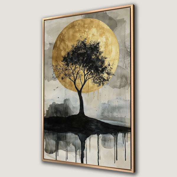Framed Wall Art featuring a black tree silhouette against a gold moon. Modern abstract style with a neutral, earthy color palette. Perfect for any room!