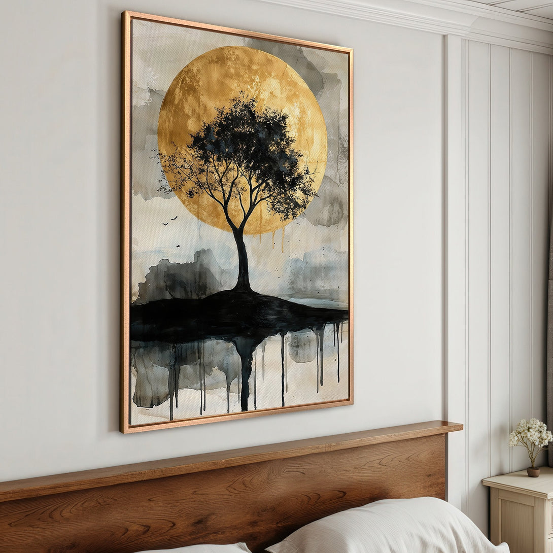 Framed Wall Art: Abstract tree painting with gold moon, black, and gray color palette. Modern art for bedroom decor.