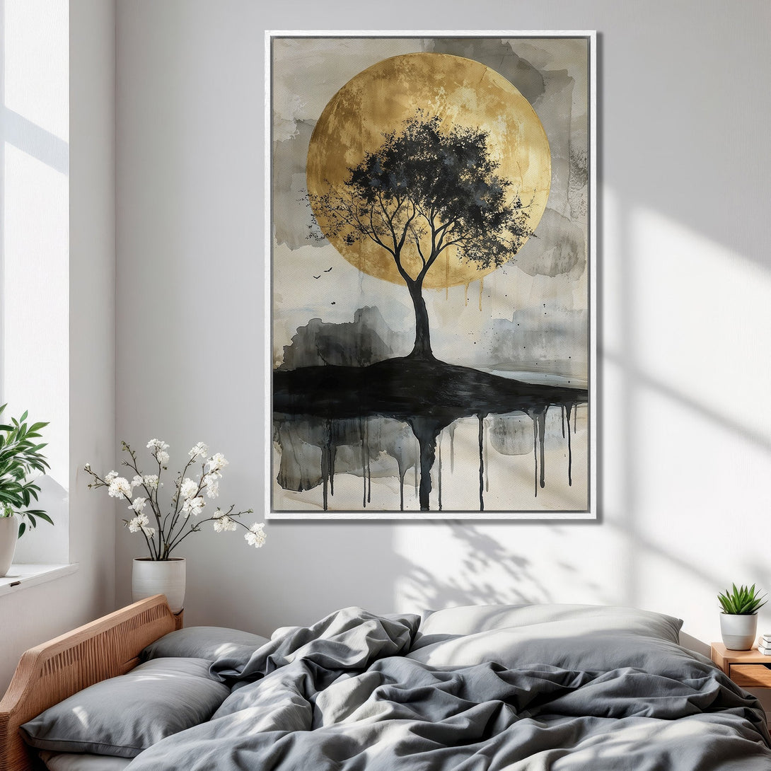 Framed Wall Art: Abstract tree with gold moon. Modern art in a neutral palette of black, gray, and gold. Perfect bedroom decor.