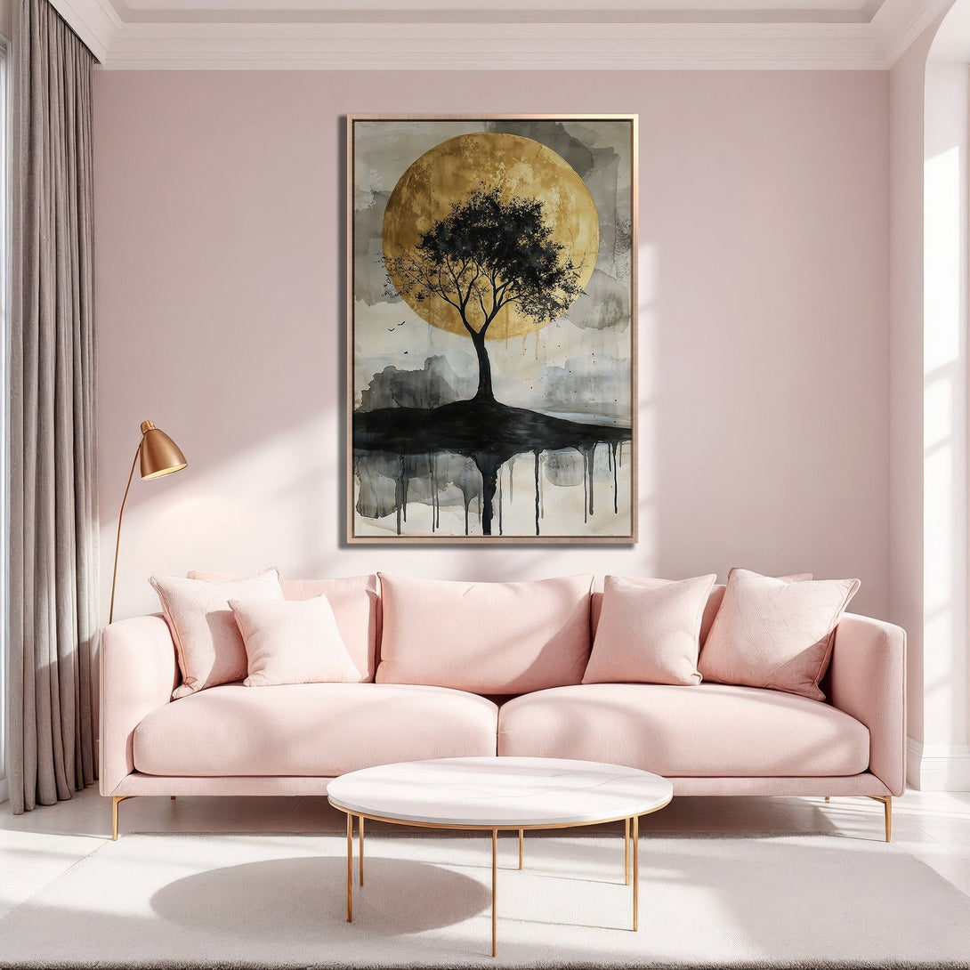 Framed Wall Art featuring a serene tree silhouette against a golden moon. Modern abstract style with a soft, neutral color palette, perfect for any living room.