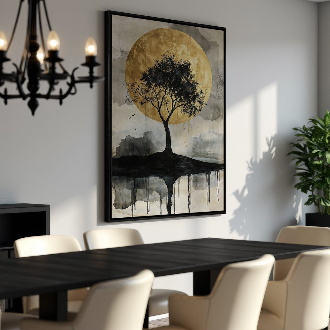 Framed Wall Art: Abstract tree art in a dining room. Modern style with gold, black, and neutral tones. Elevate your space with this stunning canvas print.