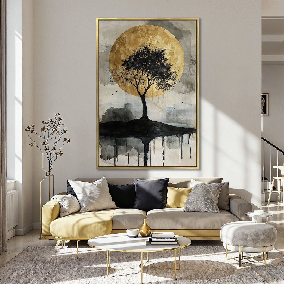 Canvas Print of a tree silhouette against a golden sun, with a watercolor style. Neutral and black tones with a pop of gold. Perfect wall art.