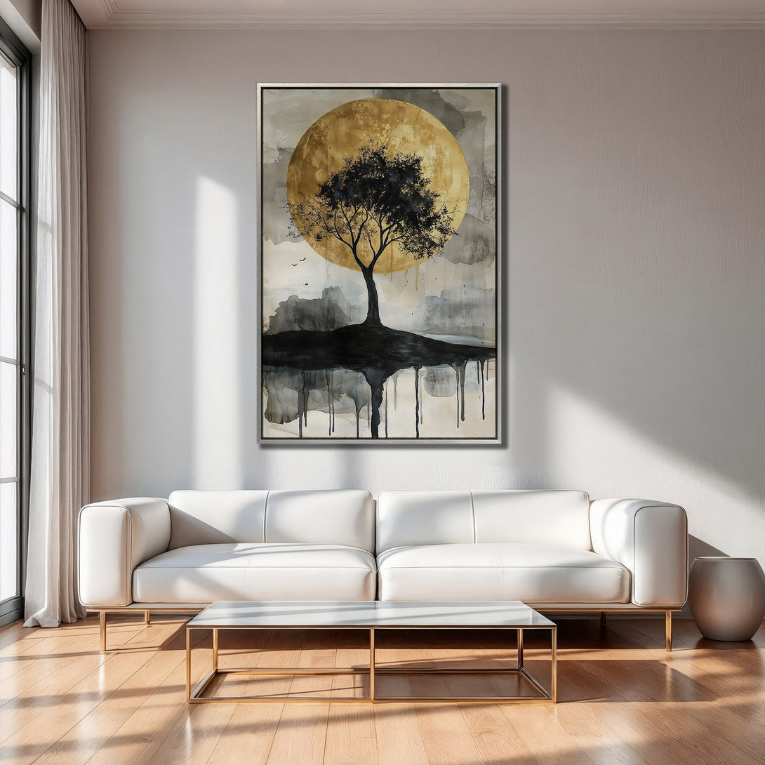 Framed Wall Art: Abstract tree art in gold, black, and gray tones. Modern canvas print perfect for living room decor.