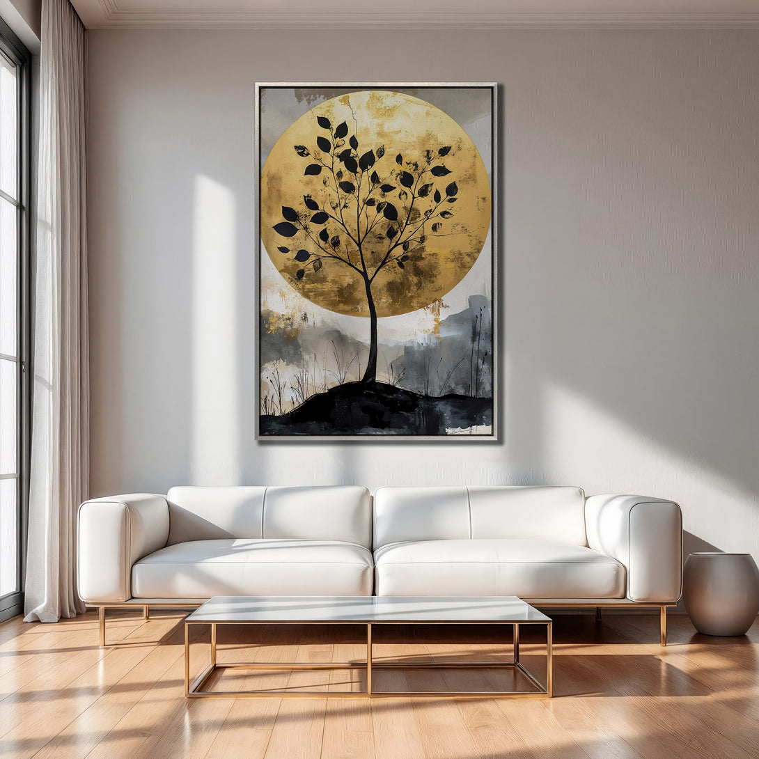 Framed Wall Art: Abstract tree art print with gold, black, and gray tones. Modern canvas art for living room decor.