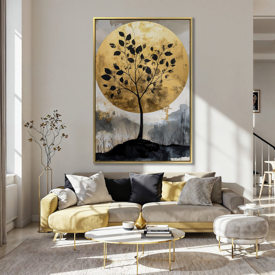 Canvas Print of a tree silhouetted against a golden sun, abstract style. Earthy tones of gold, black, and gray create a modern, calming aesthetic.