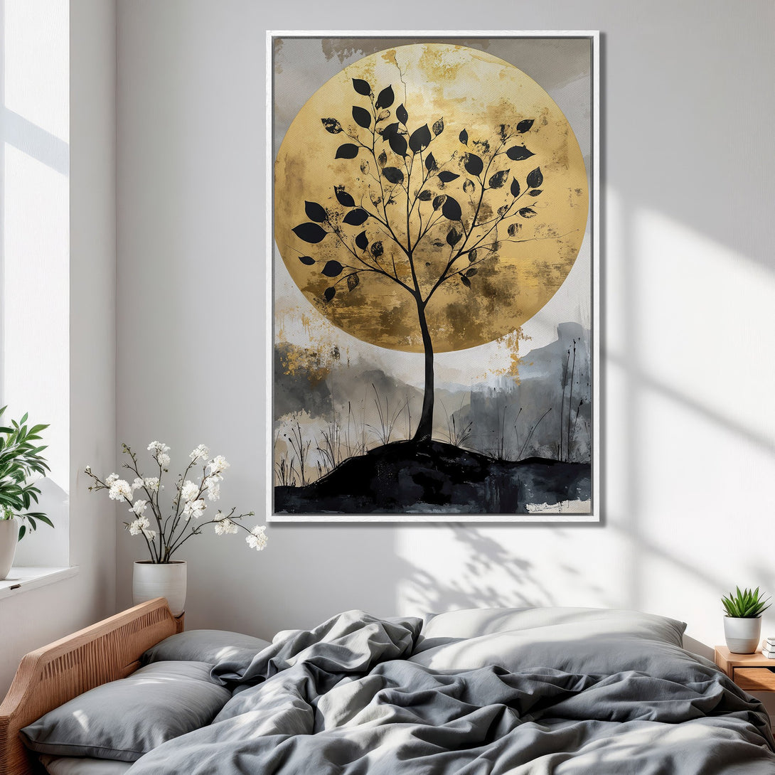 Framed Wall Art: Abstract tree art with gold and black tones. Modern canvas print for bedroom decor. Add elegance to your space!